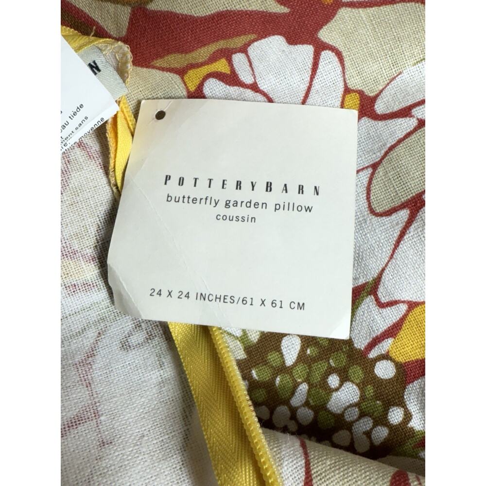 Pottery Barn Butterfly Garden Pillow Cover Yellow Linen Cotton Floral 24x24 NEW - Picture 7 of 8